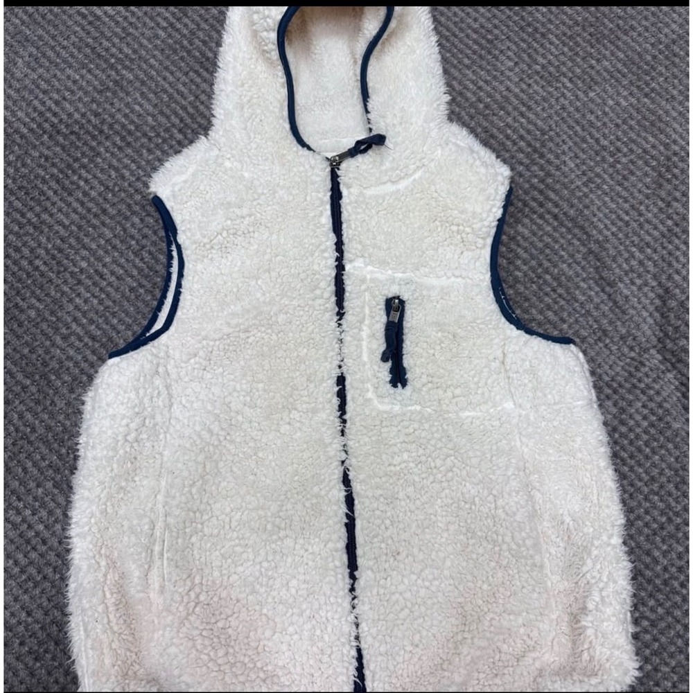 Weatherproof Vintage Womens Sherpa Fleece Hooded Vest Cream Navy Blue Medium‎
